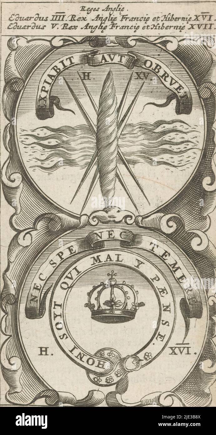 Blitzschlag / Orden des Gewänges mit Krone, Expiabit AUT Obruet / NEC Spe NEC temere (Titel auf Objekt), Symbola Divina et Humana Pontificum Imperatorum Regum (Serientitel), ein Emblem mit zwei Darstellungen. Über einem Blitzschlag. Darunter der Orden des Gewölbekröners. Dies sind Mottos von Edward IV. Und Edward V. von England., Druckerei: Anonym, nach Druck von: Aegidius Sadeler (II), 1666, Papier, Gravur, Buchdruck, Höhe 116 mm × Breite 64 mm Stockfoto