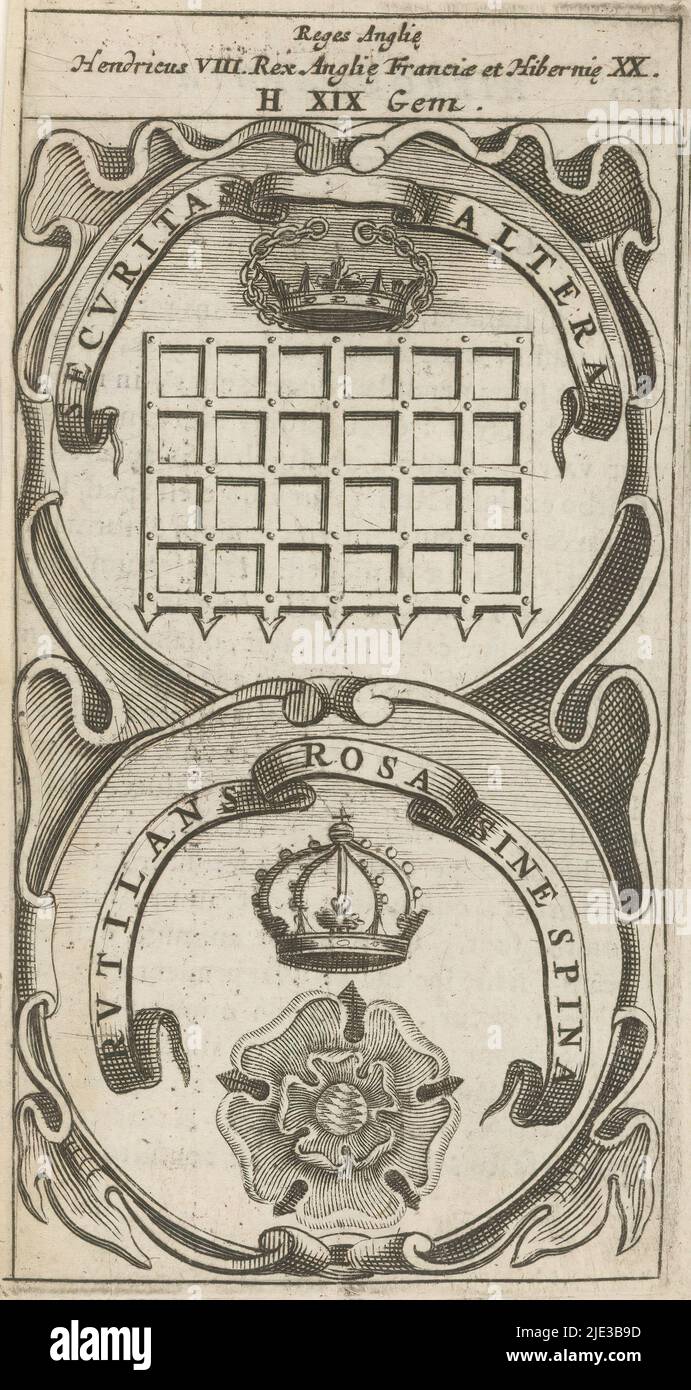 Gekröntes Portcullis / gekrönte Rose, Securitas Altera / Rustilans Rosa Sine Spina (Titel auf Objekt), Symbola Divina et Humana Pontificum Imperatorum Regum (Serientitel), ein Emblem mit zwei Darstellungen. Über einem Portcullis mit einer Krone. Unter einer Krone und einer Rose. Dies sind Mottos von Heinrich VIII. Von England., Druckerei: Anonym, nach Druck von: Aegidius Sadeler (II), 1666, Papier, Gravur, Buchdruck, Höhe 120 mm × Breite 63 mm Stockfoto