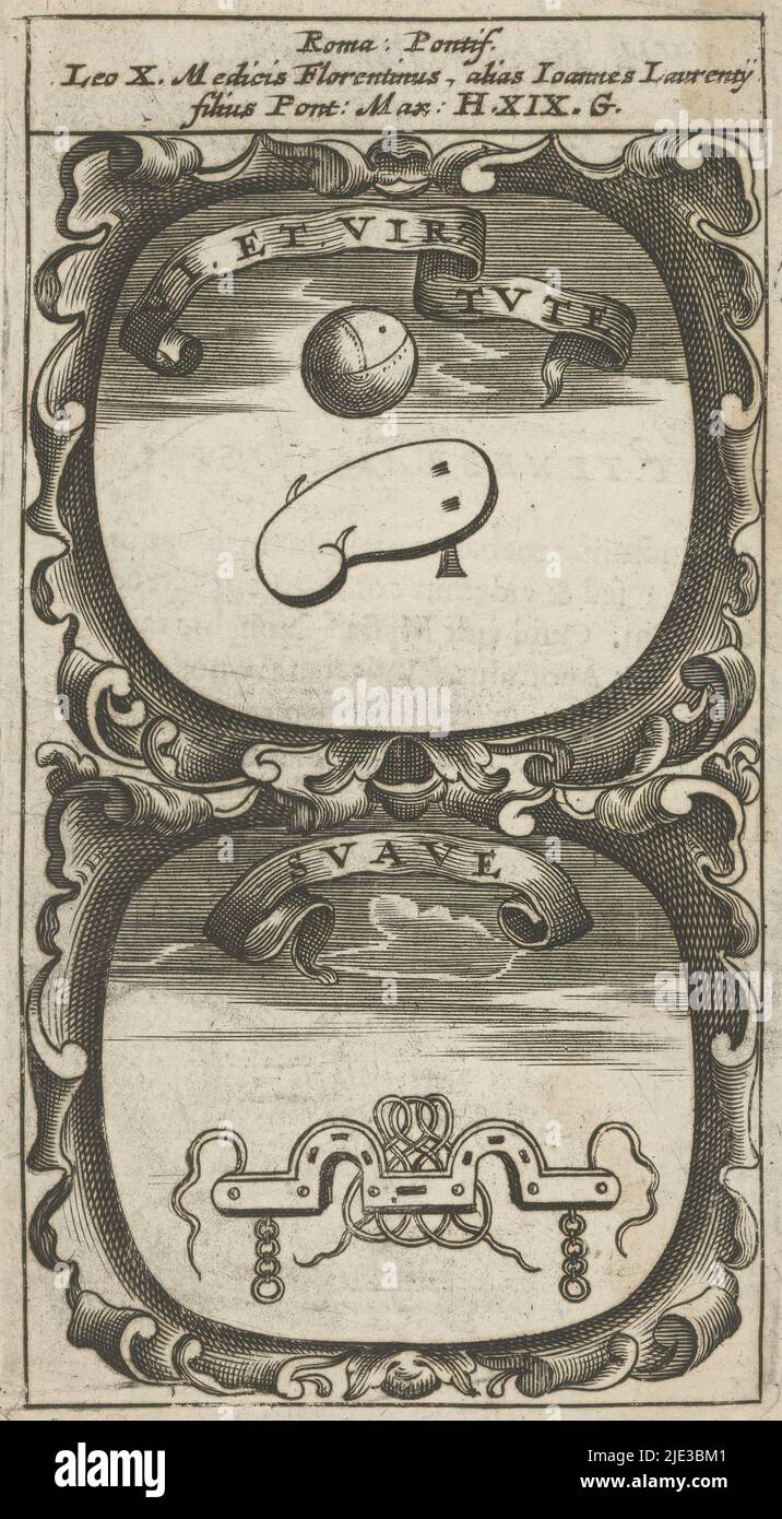 Ballspiel / Instrument, VI et Virtute / Suave (Titel auf Objekt), Symbola Divina et Humana Pontificum Imperatorum Regum (Serientitel), ein Emblem mit zwei Darstellungen. Darüber möglicherweise ein Ballspiel, bestehend aus einem Ball und Klinge. Unter einem nicht identifizierten Gerät. Dies sind Mottos von Papst Leo X., Druckerei: Anonym, nach Druck von: Aegidius Sadeler (II), 1666, Papier, Gravur, Buchdruck, Höhe 121 mm × Breite 66 mm Stockfoto