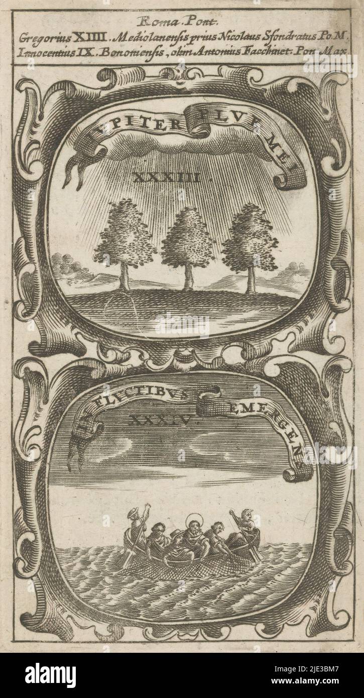 Drei Bäume im Regen / wundersame Fischerei, Jupiter Plue Mei / in Fluctibus Emergens (Titel auf Objekt), Symbola Divina et Humana Pontificum Imperatorum Regum (Serientitel), ein Emblem mit zwei Darstellungen. Über drei Bäumen im Regen. Unter dem wunderbaren Fischfang. Dies sind Mottos von Papst Gregor XIV. Und Innozenz IX., Druckerei: Anonym, nach Druck von: Aegidius Sadeler (II), 1666, Papier, Gravur, Buchdruck, Höhe 120 mm × Breite 68 mm Stockfoto