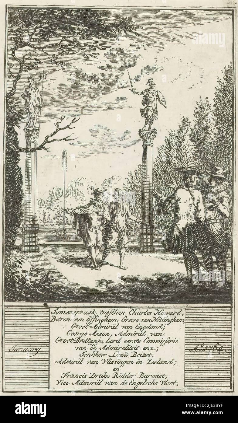 Gespräch zwischen Charles Howard, George Anson, Louis de Boisot und Francis Drake, Gespräch zwischen Charles Howard, Baron von Effingham, Graf von Nottingham, Grand Admirâl von England; George Anson, Admirâl von Großbritannien, Lord First Commissioner of the Admiralty usw.; Baron Louis BOIZOT, Lord First Commissioner of the Admiralty etc. Jonkheer Louis BOIZOT, Admirâl von Vlissiningen in Zeeland; und Francis Drake Knight Baronet, Vice Admirâl der englischen Flotte (Titel auf Objekt), zu zweit Charles Howard, George Anson, Louis de Boisot und Francis Drake spazieren in einem Garten. Im Hintergrund tw Stockfoto