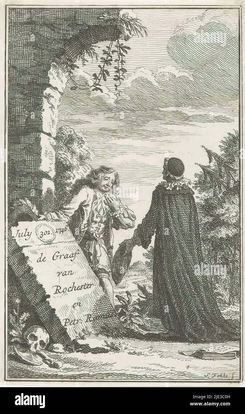 Gespräch zwischen John Wilmot und Petrus Ramus, dem Earl of Rochester und Petr. Ramus (Titel auf Objekt), Earl of Rochester John Wilmot steht neben einem Stein und verneigt sich vor dem Humanisten Petrus Ramus. Auf dem Stein angegeben: Juli / 1746., Druckerei: Simon Fokke, (auf Objekt erwähnt), Verlag: Bernardus van Gerrevink, Verlag: Erven J. Ratelband, Amsterdam, Jul-1746, Papier, Radierung, Höhe 125 mm × Breite 82 mm Stockfoto