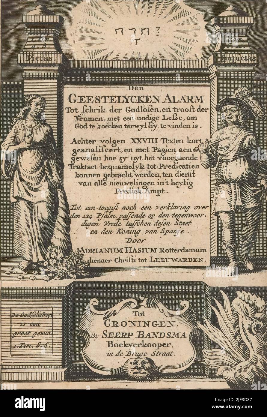 Frömmigkeit und Gottlosigkeit, Titelseite zu: Adrianus Hasius, Den Geestelycken Alarm, 1722, die Personifikationen Frömmigkeit (Pietas) mit dem Horn des Überflusses und brennendem Herzen und Gottlosigkeit (Impietas) mit Schwert und Schlangen stehen vor zwei Pilastern auf beiden Seiten des Buchtitels. Oben in der Mitte das Tetragramm. Unten links ein Zauber, unten rechts ein feuerspeiendes Drachenkopf., Druckerei: Anonymous, Verlag: Seerp Brandsma, (auf Objekt erwähnt), Groningen, 1722, Papier, Gravur, Höhe 160 mm × Breite 101 mm Stockfoto