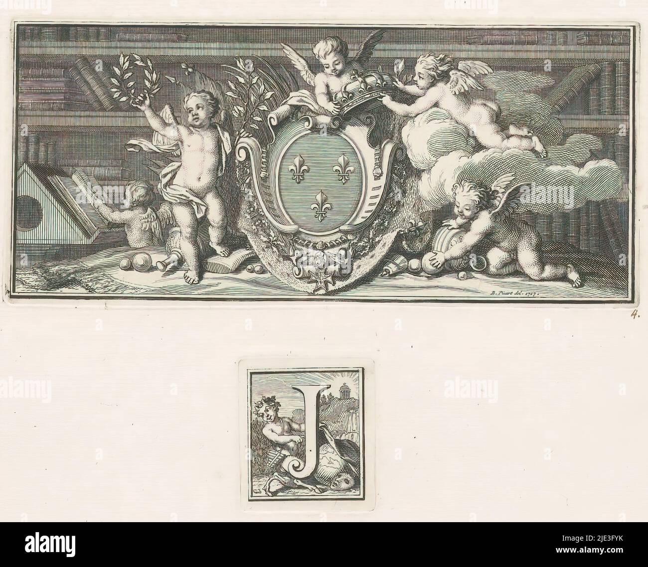 Wappen von König Ludwig XIV von Frankreich und der Buchstabe J mit Pan im Hintergrund, zwei Darstellungen auf einem Blatt. Oben: Das Wappen von Ludwig XIV., König von Frankreich, mit dem Ordenszeichen des Ordens des Heiligen Geistes in der Mitte unten, wird von Putti gekrönt. Im Hintergrund Bücherregale. Unten: Der Buchstabe J mit Pan, der den Globus und eine Maske enthüllt. Im Hintergrund Mount Parnassus., Druckerei: Anonym, nach Zeichnung von: Bernard Picart, (auf Objekt erwähnt), Amsterdam, 1717, Papier, Radierung, Gravur, Höhe 71 mm × Breite 157 mm × Höhe 38 mm × Breite 33 mm Stockfoto