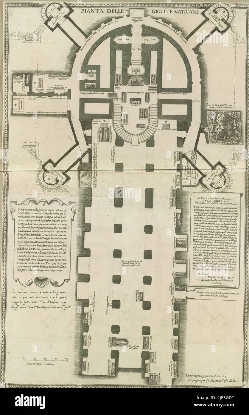 Karte der Krypta unter dem Petersdom in der Vatikanstadt, Pianta delle grotte Vaticane (Titel auf Objekt), Karte der Krypta unter dem Petersdom in der Vatikanstadt. Links eine Kartusche mit italienischem Text. Rechts eine Schriftrolle mit einer Widmung auf Italienisch. Der Druck ist Teil eines Albums., Druckerei: Anonym, Verleger: Giovanni Giacomo de'Rossi, (auf Objekt erwähnt), Urbanus VIII, (auf Objekt erwähnt), Druckerei: Italien, Herausgeber: Rom, Rom, Vaticaanstad, 1635, Papier, Ätzung, Höhe 759 mm × Breite 486 mm Stockfoto