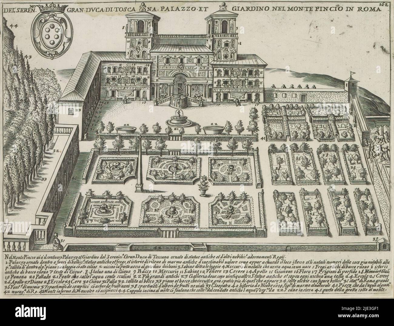 Villa Medici und Gärten in Rom, Del seren.Mo Gran Duca di Toscana Palazzo et Giardino nel Monte Pincio in Roma (Titel auf Objekt), Antike Denkmäler (Serientitel), Antiquae Urbis Splendor (Serientitel), am unteren Rand eine Liste mit erläuternden Zahlen. Rechts oben nummeriert: 162. Der Druck ist Teil eines Albums., Druckerei: Giacomo Lauro, Drucker: Giacomo Mascardi, Druckerei: Italien, Drucker: Rom, ab 1637, Papier, Radierung, Höhe 176 mm × Breite 231 mm Stockfoto