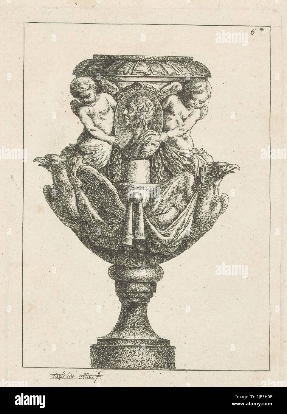 Vase, Cinquieme Suite de Vases (Serientitel), Druck aus einer nummerierten Serie mit zwölf Vasen von Allou und Nicolet., Druckerei: Adélaïde Allou, (Objektbezeichnung), Verlag: Pierre François Basan, Druckerei: Frankreich, Verlag: Paris, 1771, Papier, Ätzen, Höhe 198 mm × Breite 128 mm, Höhe 352 mm × Breite 260 mm Stockfoto