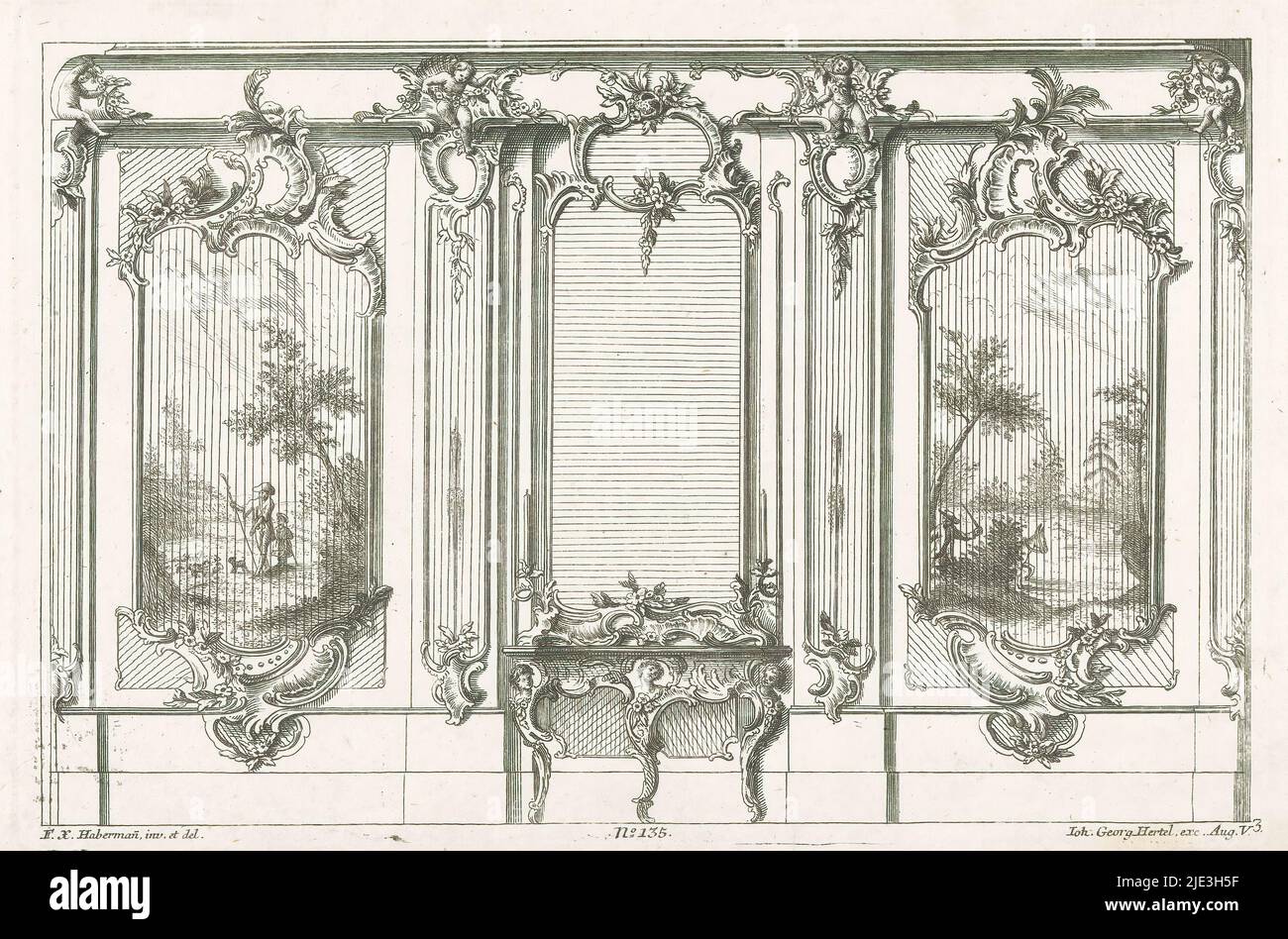 Wandanordnung mit Paneelen, Wandarrangements (Serientitel), Wandarrangement mit zwei Paneelen mit pastoralen Szenen, mit Rahmung in Rocaille-Schrift. Im Vordergrund ein mit Rocailles dekorierter Tisch. Verlagsnummer 135., Druckerei: Anonym, nach Entwurf von: Franz Xaver Habermann, (auf Objekt erwähnt), Verlag: Johann Georg Hertel (I), (auf Objekt erwähnt), Augsburg, 1748 - 1753, Papier, Radierung, Gravur, Höhe 203 mm × Breite 304 mm Stockfoto