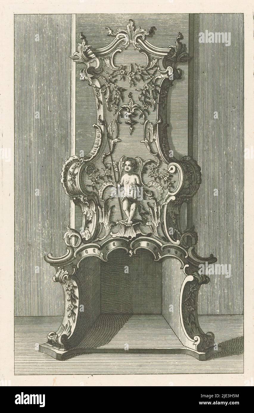 Kamin mit Putto mit Lanze, Kamine (Serientitel), Camines Italienes / Italienische Camine (Serientitel), Rocaille-Kamin mit Putto mit Lanze. Verlagsnummer 58., Druckerei: Anonym, nach Zeichnung von: Franz Xaver Habermann, (auf Objekt erwähnt), Verlag: Johann Georg Hertel (I), (auf Objekt erwähnt), Augsburg, 1731 - 1775, Papier, Gravur, Radierung, Höhe 293 mm × Breite 178 mm Stockfoto