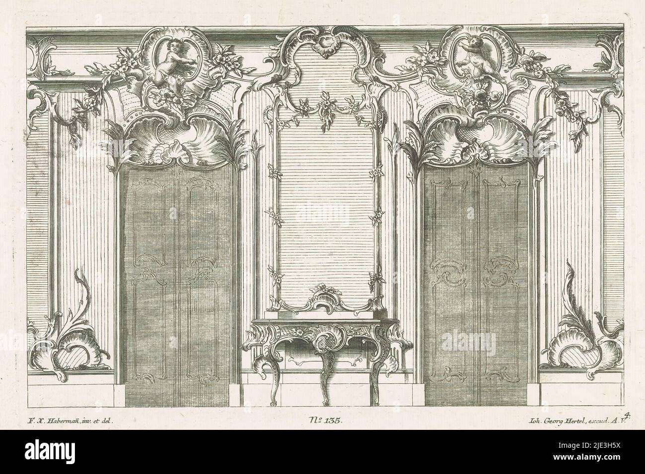 Wandarrangement mit Türen, Wandarrangements (Serientitel), Wandarrangement mit zwei Türen mit Rocaille-Rahmen und mit einer Rocaille-Kartusche mit Putti überzogen. In der Mitte ein Tisch mit Rocailles dekoriert. Verlagsnummer 135., Druckerei: Anonym, nach Entwurf von: Franz Xaver Habermann, (auf Objekt erwähnt), Verlag: Johann Georg Hertel (I), (auf Objekt erwähnt), Augsburg, 1748 - 1753, Papier, Radierung, Gravur, Höhe 204 mm × Breite 302 mm Stockfoto