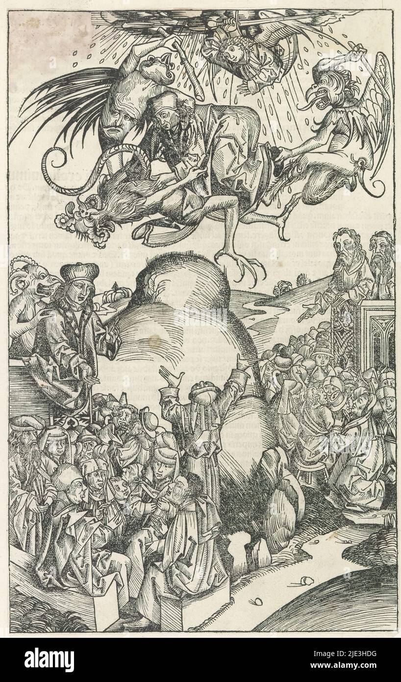 Fall des Antichristen, Liber chronicarum (Serientitel), der Fall des Antichristen. Auf der linken Seite verführt der Antichrist das Volk. Er wird vom Teufel ins Ohr geflüstert. Auf der rechten Seite geben zwei Männer ihr Zeugnis von einer Kanzel. Der Hügel in der Mitte ist der Ölberg. Darüber wird der Antichrist von Teufeln in die Hölle gezogen. Der Erzengel Michael wird mit einem Schwert dargestellt. Der Druck ist Teil eines Albums., Druckerei: Michel Wolgemut, (Werkstatt von), Druckerei: Wilhelm Pleydenwurff, (Werkstatt von), Neurenberg, 1493, Papier, Buchdruck, Höhe 363 mm × Breite 227 mm Stockfoto