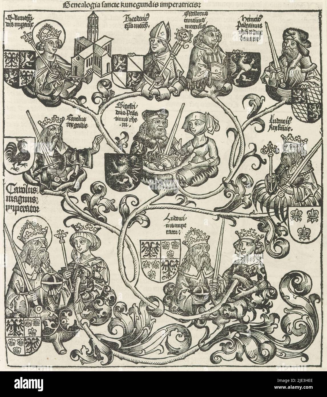 Abstammung von Cunegonde von Luxemburg, Genealogia sancte kunegundis imperatricis (Titel auf Objekt), Liber chronicarum (Serientitel), Abstammung von Cunegonde von Luxemburg. Sie blieb eine Jungfrau in Ehe mit König Heinrich II von Deutschland, wurde Kaiserin des Heiligen Römischen Reiches. Nach seinem Tod zog sie sich in eine Abtei zurück. Der Stammbaum besteht aus Wurzeln mit Kalyxen. In der Mitte Cunegunds Vater, Siegfried von Luxemburg genannt. Er soll durch einen Nachkommen Karls des Großen sein. Siegfried und seine Frau werden daher in diesem Stammbaum von Karl dem Kahlen und Ludwig II., zwei, flankiert Stockfoto
