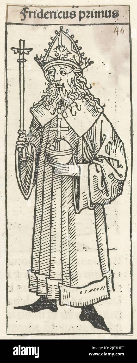 Kaiser Friedrich I. Barbarossa, Fridericus primus (Titel auf Objekt), Liber chronicarum (Serientitel), Ein König mit kaiserlichem Apfel und Zepter, in voller Länge. Die Darstellung ist Teil der Kaiserfolge im Liber chronicarum. Der Text identifiziert den Mann als Kaiser Friedrich I. Barbarossa. Der Druck ist Teil eines Albums., Druckerei: Michel Wolgemut, (Werkstatt von), Druckerei: Wilhelm Pleydenwurff, (Werkstatt von), Neurenberg, 1493, Papier, Buchdruck, Höhe 137 mm × Breite 53 mm Stockfoto