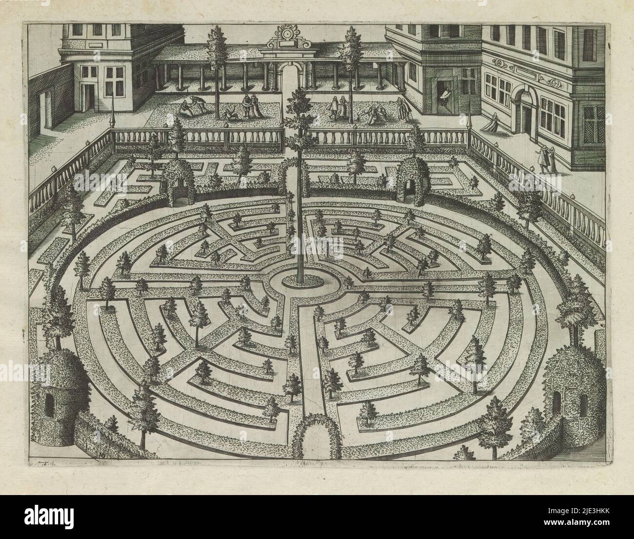 Garten mit kreisförmigem Parterre, Gärten (8-seitige Serie) (Serientitel), Garten mit kreisförmigem Parterre, umgeben von einer Hecke und einer Balustrade. Im Hintergrund eine Kolonnade. Vorne sitzen Menschen und stehen auf dem Gras. Der Druck ist Teil eines Albums., Druckerei: Anonym, Druckerei: Michael Birbaum, nach Druck von: Hans Vredeman de Vries, Köln, 1615, Papier, Radierung, Höhe 187 mm × Breite 247 mm Stockfoto