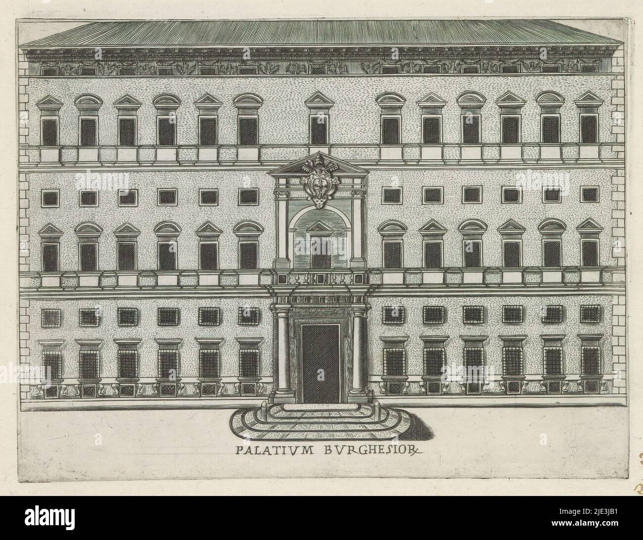 façade des Palazzo Borghese in Rom, Palatium Burghesior (Titel auf Objekt), berühmte Gebäude in Rom und darüber hinaus (Serientitel), Palazzi diversi nel'alma cità di Roma, et altre (Serientitel auf Objekt), Print ist Teil eines Albums., Druckerei: Giacomo Lauro, Verlag: Giovanni Battista de'Rossi, Urbanus VIII, Druckerei: Rom, Herausgeber: Rome, Vaticaanstad, 1638, Papier, Radierung, Höhe 181 mm × Breite 239 mm Stockfoto