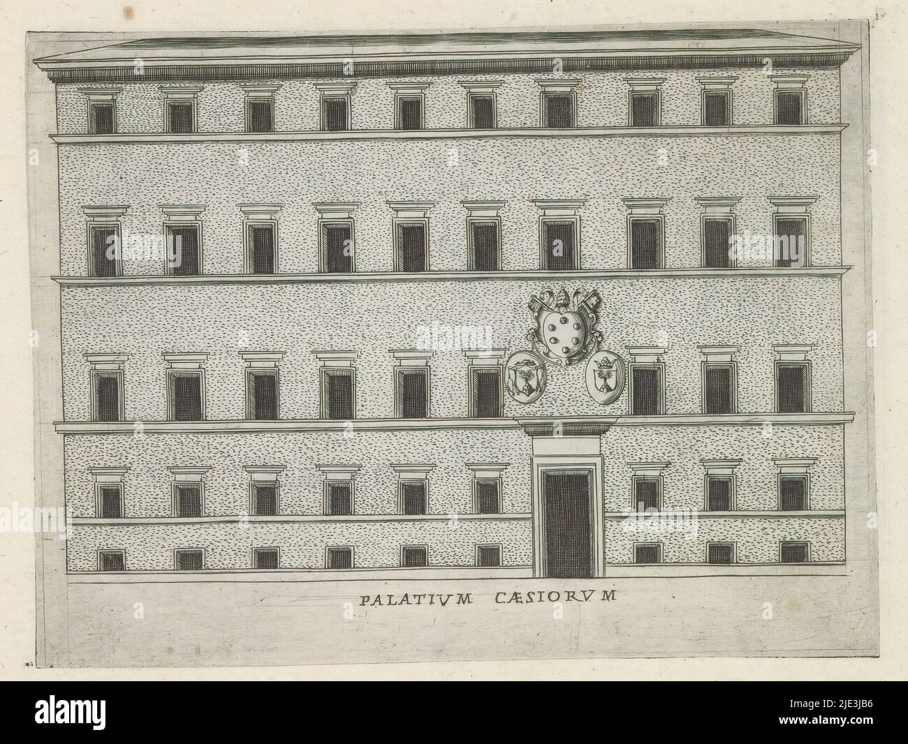 façade eines palazzo in Rom, Palatium Caesiorum (Titel auf Objekt), berühmte Gebäude in Rom und darüber hinaus (Serientitel), Palazzi diversi nel'alma cità di Roma, et altre (Serientitel auf Objekt), Print ist Teil eines Albums., Druckerei: Giacomo Lauro, Verlag: Giovanni Battista de'Rossi, Urbanus VIII, Druckerei: Rom, Herausgeber: Rome, Vaticaanstad, 1638, Papier, Radierung, Höhe 180 mm × Breite 240 mm Stockfoto