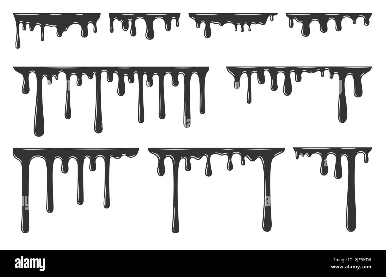 Tropfender Rahmen Schmelzflüssigkeit Tropfen Strom schwarz eingestellt. Cremig glatte Textur Saft Honig Joghurt Schokolade Fluss Gift weich süß Dessert Graffiti Tropfen Farbe Symbol Design Rahmen Grenze Cartoon isoliert Stock Vektor