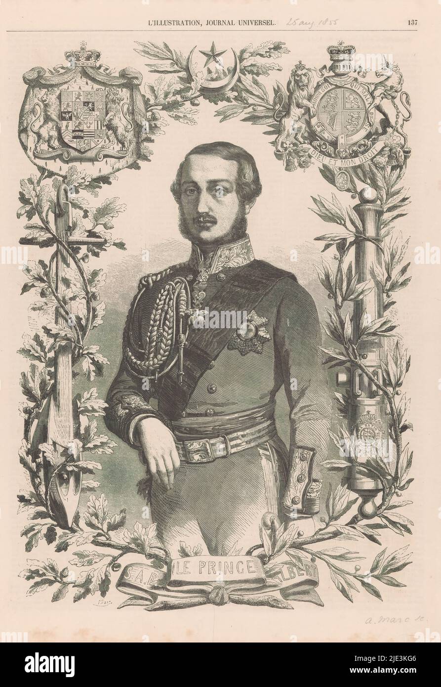 Porträt von Albert, Prinz von Sachsen-Coburg und Gotha, oben links sein Wappen. Oben rechts das Wappen von Victoria, Königin von Großbritannien und Irland., Druckerei: Jean Auguste Marc, (auf Objekt erwähnt), Frankreich, 25-Aug-1855, Papier, Buchdruck, Höhe 362 mm × Breite 253 mm Stockfoto