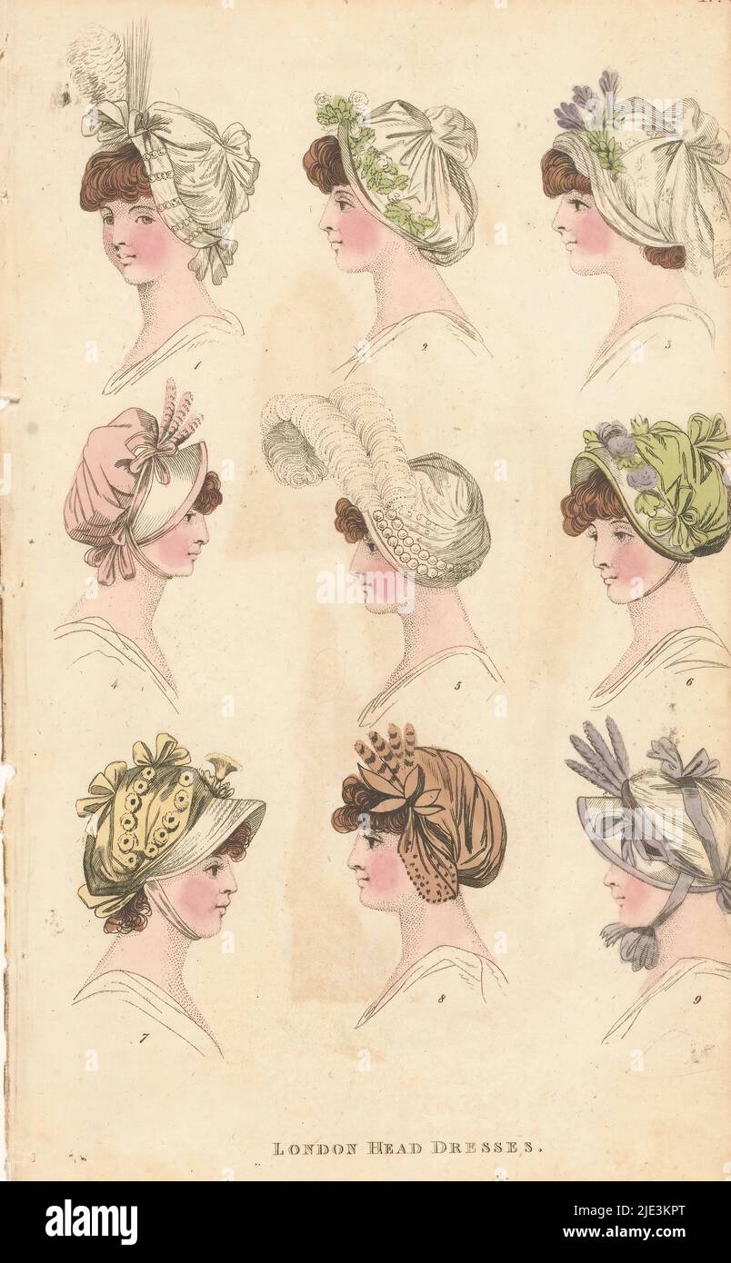 Zeitschrift für Damenmode von London und Paris, Nr. ?: London Head Dresses, Nine London Hüte und Mützen für Frauen., Verlag: Richard Phillips, London, 1798 - 1806, Papier, Ätzung, Höhe 213 mm × Breite 130 mm Stockfoto