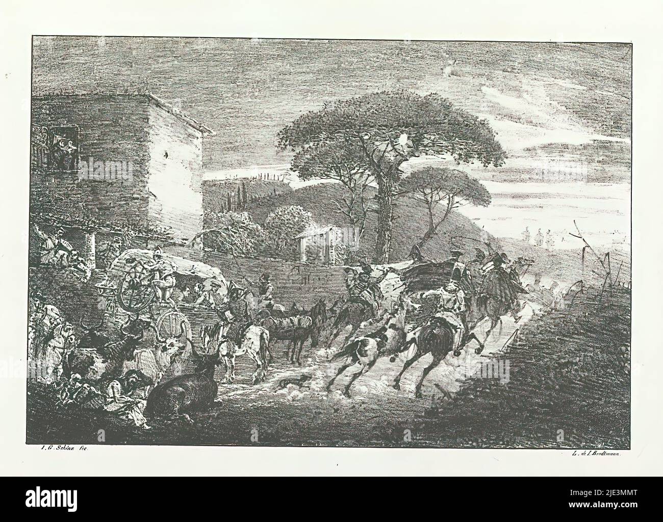 Militärangehöriger auf dem Pferderücken, Abfahrt in einem Gasthof, Kreidelithographie aus den 'Lithographischen Original-Zeichnungen von J.G. Schinz, Zürich 1822', Druckerei: Johann Georg Schinz, (auf Objekt erwähnt), Verlag: Joseph Brodtmann, (auf Objekt erwähnt), Zürich (stad), 1822, Papier, Höhe 231 mm × Breite 314 mm Stockfoto