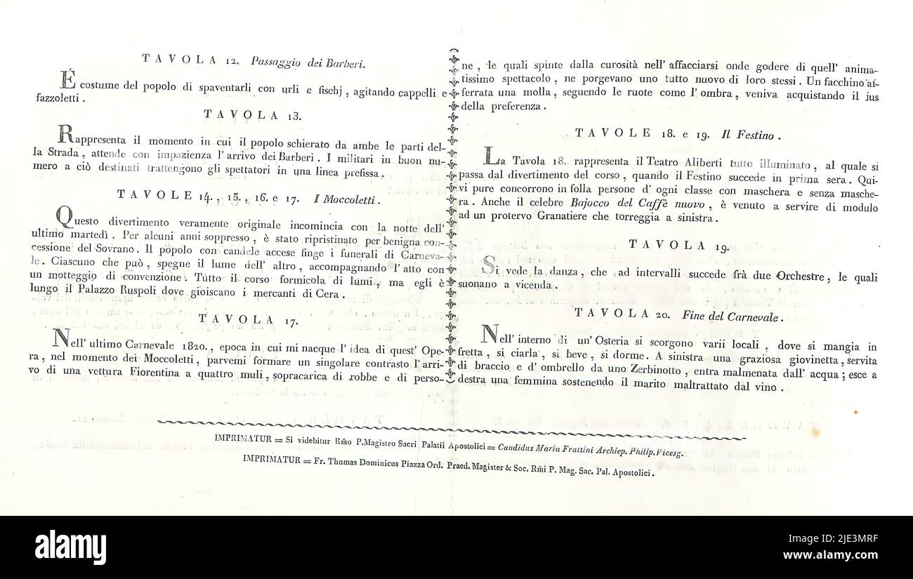 Serie von zwanzig Drucken über den römischen Karneval, mit Titelseite und Inhaltsverzeichnis, Il Carnevale di Roma (Serientitel auf Objekt), Druckgrafik mit einer Serie von zwanzig Drucken über die Feier des Karnevals in Rom. Ohne Bindung, mit Titelseite, ein Blatt mit gedruckter Übersicht (recto und verso) der Drucke, ein Titeldruck (Erstdruck der Serie) und die restlichen 19 Drucke der Serie., Druckerei: Carl Gustaf Hjalmar Mörner, Drucker: Francesco Bourlié, (auf Objekt erwähnt), Rom, 1820, Papier, Radierung, Buchdruck, Höhe 205 mm × Breite 475 mm, Höhe Stockfoto