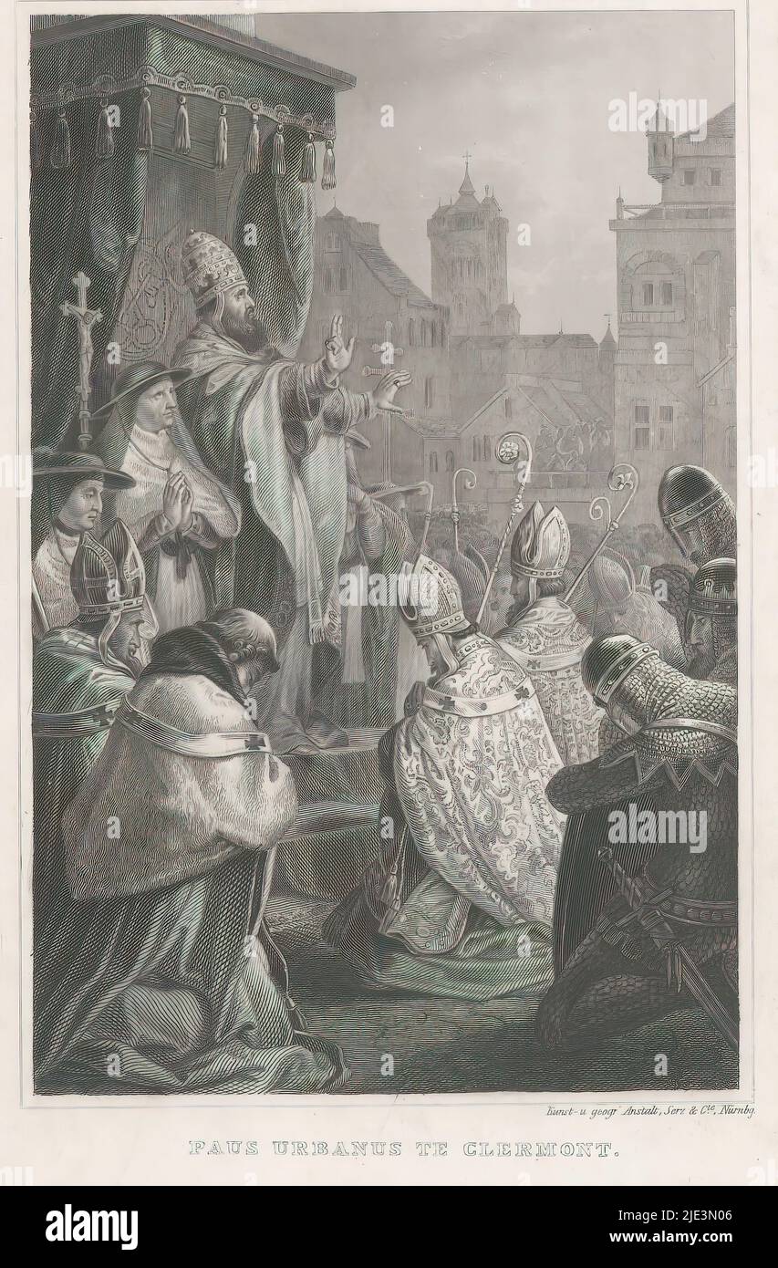 Papst Urban II. In Clermont-Ferrand, 1095, Papst Urban in Clermont (Titel auf Objekt), Papst Urban II. In Clermont-Ferrand, 1095. Die aus sprechen in der Öffentlichkeit auf einem Platz, vor ihm kniend Bischöfe und Ritter. Möglicherweise bezieht sich auf den Rat von Clermont-Ferrand am 18. November 1095 mit dem Aufruf zum ersten Kreuzzug., Druckerei: Anonym, Verlag: Serz. & Cie. Kunst- und geogr. Anstalt, (auf Objekt genannt), Druckerei: Deutschland, (möglicherweise), Verlag: Neurenberg, 1800 - 1899, Papier, Stahlgravur, Höhe 233 mm × Breite 153 mm Stockfoto