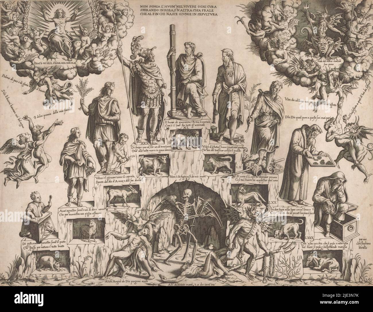 Männliche Lebenstreppe, neun männliche Figuren des Alters I-LXXX auf der Lebenstreppe sind mit bestimmten Lastern assoziiert, dargestellt durch neun Tiere. Darunter eine Allegorie des Todes mit einem Engel und Teufel mit einer geretteten und verdammten Seele. Oben links Christus umgeben von Engeln, rechts der Teufel umgeben von Personifikationen der Sünden., Druckerei: Cristofano Bertelli, (erwähnt auf Objekt), Italien, c. 1560, Papier, Gravur, Höhe 393 mm × Breite 514 mm Stockfoto