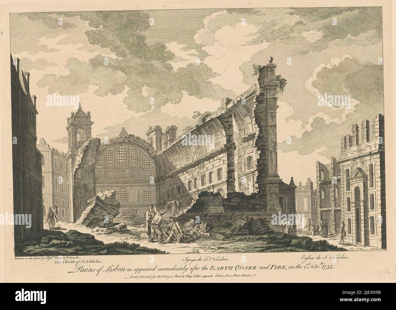 Ruinen der Nikolaikirche in Lissabon, 1755, die Nikolaikirche / Igreja de S. Nicolau / Eglise de S. Nicolas (Titel auf Objekt), Ruinen von Lissabon, wie sie unmittelbar nach dem Erdbeben und dem Feuer des 1.. Nov. 1755 (Serientitel auf Objekt) erschienen sind, Ruinen der Nikolaikirche in Lissabon. Teil einer Serie von sechs Drucken der Ruinen der Stadt Lissabon nach dem großen Erdbeben vom 1. November 1755. Kopien nach der Originaldruckserie von J.P. Le Bas von 1758, nach Zeichnungen von lokalen Künstlern, wahrscheinlich Amateuren, Paris & Pedegoche benannt., Druckerei: Anonym, Verlag: Robert Stockfoto