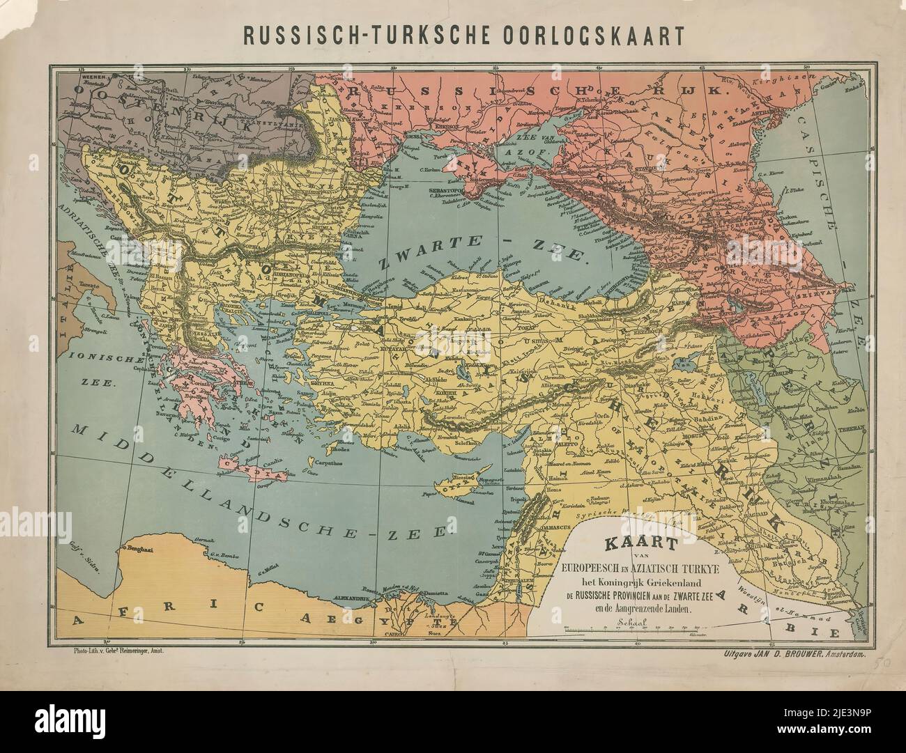 Karte des Russisch-Türkischen Krieges, 1828, Russisch-Türkischer Krieg Karte / Karte von Europesch und Aziatsch Turkye das Königreich Griechenland die russischen Provinzen am Schwarzen Meer und die angrenzenden Länder (Titel auf Objekt), Niederländische Karte von Südosteuropa, Schlachtfeld des Russisch-Türkischen Krieges, 1828., Druckerei: Gebroeders Reimeringer, (erwähnt auf Objekt), Verlag: Jan Dirk Brouwer, (erwähnt auf Objekt), Amsterdam, 1828 - 1829, Papier, Fotolithographie, Höhe 460 mm × Breite 605 mm Stockfoto