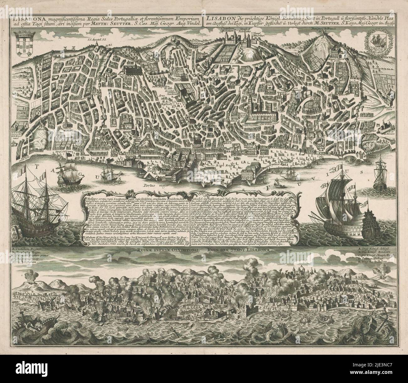 Karte von Lissabon mit Blick auf Lissabon während des Erdbebens von 1755, Lisabona magnizentissima regia sedes Portugalliae (...) / Lisabon die prächtige königl. residenz = statt in Portugal (...) / Ruinae eversae Olysipponis / Ruin der stadt Lisabona (Titel auf Objekt), über einer Karte von Lissabon in der Vogelperspektive. Oben links das Wappen Portugals, oben rechts das von Lissabon. Unten eine Ansicht von Lissabon während des Erdbebens, das sich am 1. November 1755 ereignete., Druckerei: Matthäus Seutter (III), (erwähnt auf Objekt), Verlag: Matthäus Seutter (III), (erwähnt auf Objekt), Augsburg, 1755 - 1757, Papier Stockfoto