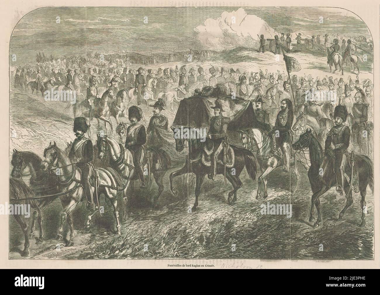 Trauerzug für Lord Raglan, 1855, Funérailles de lord Raglan en Crimée (Titel auf Objekt), Trauerfeier für Lord Raglan (Fitzroy James Henry Somerset, 1. Baron Raglan), starb am 28. Juni 1855 auf der Krim. Später begraben in Badminton, England., Druckerei: Thomas Henry Nicholson, (erwähnt auf Objekt), Druckerei: Charles William Sheeres, (erwähnt auf Objekt), England, 1855, Papier, Höhe 254 mm × Breite 364 mm Stockfoto