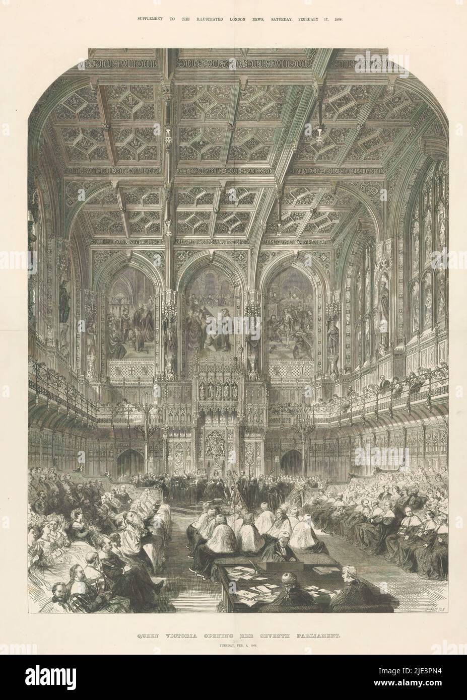 Queen Victoria eröffnet 1866 das parlament, Queen Victoria eröffnet ihr siebtes parlament. Dienstag, 6. Februar 1866 (Titel auf Objekt), Queen Victoria eröffnet Sitzung des parlaments, 6. Februar 1866. Ihr siebtes parlament, Treffen im britischen Oberhaus., Druckerei: Mason Jackson, (erwähnt auf Objekt), England, Feb-1866, Papier, Höhe 820 mm × Breite 604 mm Stockfoto