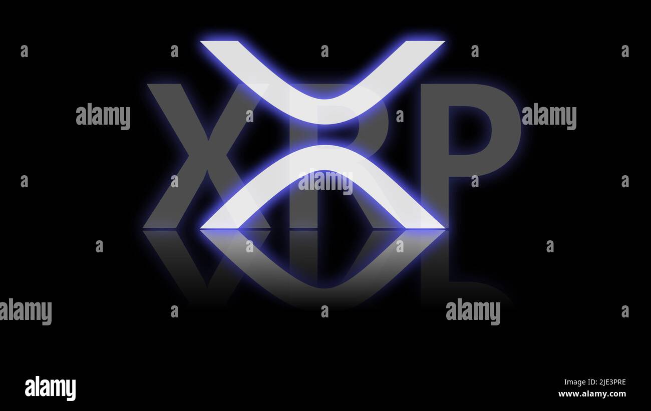 xrp Crypto Neon-Logo auf schwarzem Hintergrund. xrp Ledger-Logo auf schwarzem Hintergrund mit reflektiertem Kryptowährung-Logo Stockfoto