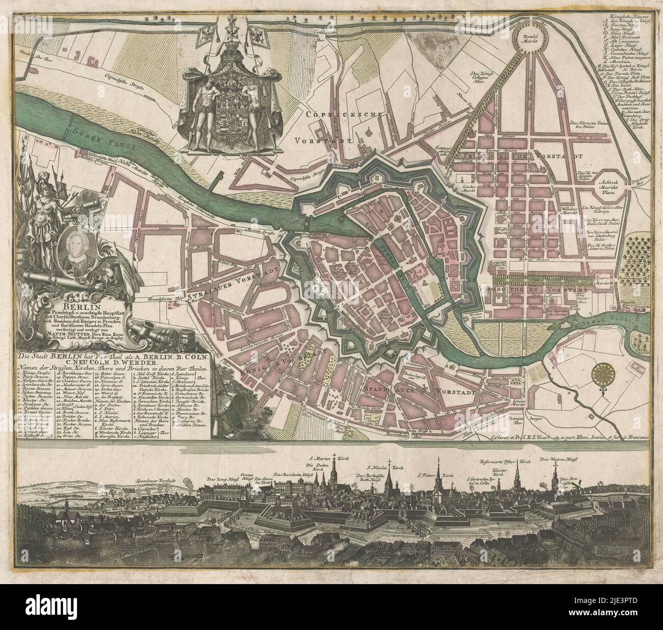 Karte von Berlin, Berlin die praktischst, U: Wichtigste Hauptsstatt (...) (Titel auf Objekt), Druckerei: Matthäus Seutter (III), (Erwähnung auf Objekt), Matthäus Seutter (III), (Erwähnung auf Objekt), Verlag: Matthäus Seutter (III), (Erwähnung auf Objekt), Augsburg, 1707 - 1757, Papier, Ätzung, Höhe 497 mm × Breite 575 mm Stockfoto