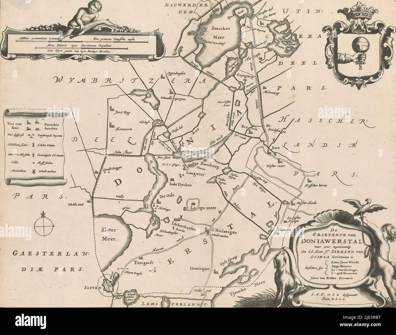 Karte des grietij Doniawerstal, De grietenye van Doniawerstal (Titel auf Objekt), links oben zwei Maßstabsbalken: Milliare Germanicum commune / Een gemeene Duytsche myle, Hora itineris 1400 perticarum regalium / Een uyre gaens van 1400 konings roeden. Unten ist eine Legende. Oben rechts das Doniawerstal-Wappen, unten rechts Kartusche mit Titel und administrativen Informationen über die Gemeinde. Um ihn herum ist ein Junge mit einem Falken und einem Jagdhund., Druckerei: Jacob van Meurs, (möglicherweise), Bernardus Schotanus à Sterringa, (auf Objekt erwähnt), Sjoerd Aetesz. Haacma, (erwähnt auf Objekt Stockfoto