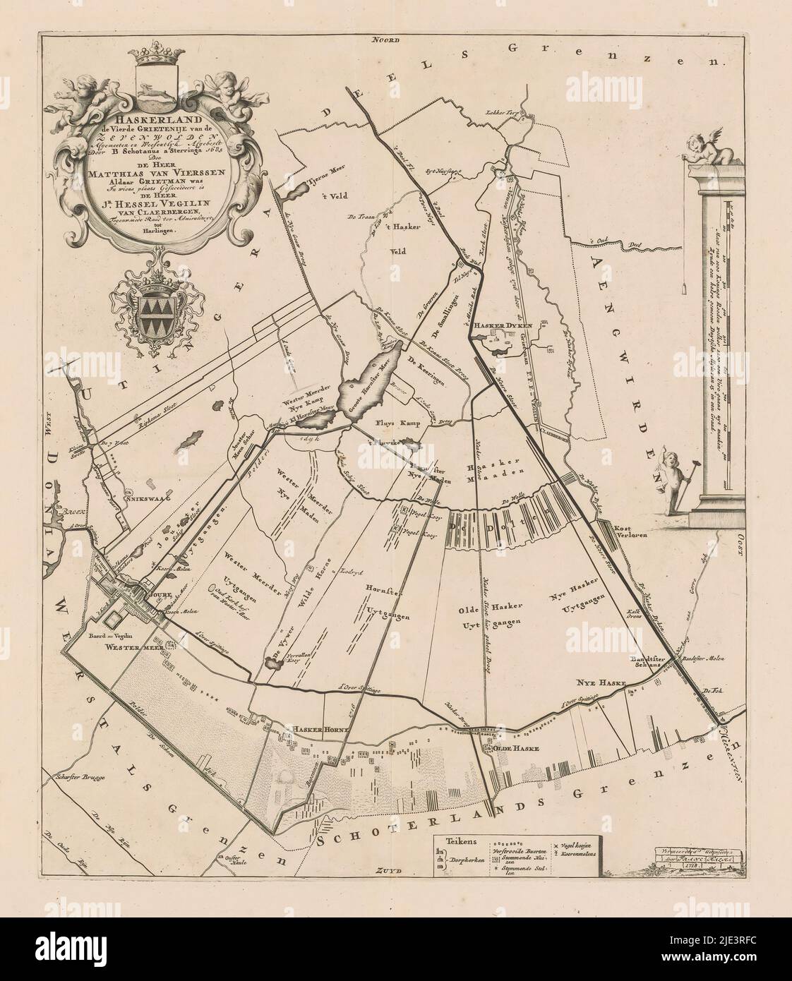 Karte des Haskerland-Bezirks, Haskerland der vierte Bezirk der Sieben Wälder (...) (Titel auf Objekt), Kartusche oben links mit Titel, Verwaltungsinformationen über den Bezirk und das Wappen Haskerlands und des Grietmans Matthias van Vierssen. Rechts eine Säule mit einer Skala: Maß von 1000 Königsstangen welker 1200 een uire gaans uyt maaken zynde een halve gemeene Duytsche myle van 15 in een graad. Um ihn herum Putti mit Vermessungsgeräten. Legende unten rechts., Druckerei: Anonymous, Bernardus Schotanus à Sterringa, (auf Objekt erwähnt), Verlag: François Halma, (erwähnt auf Stockfoto