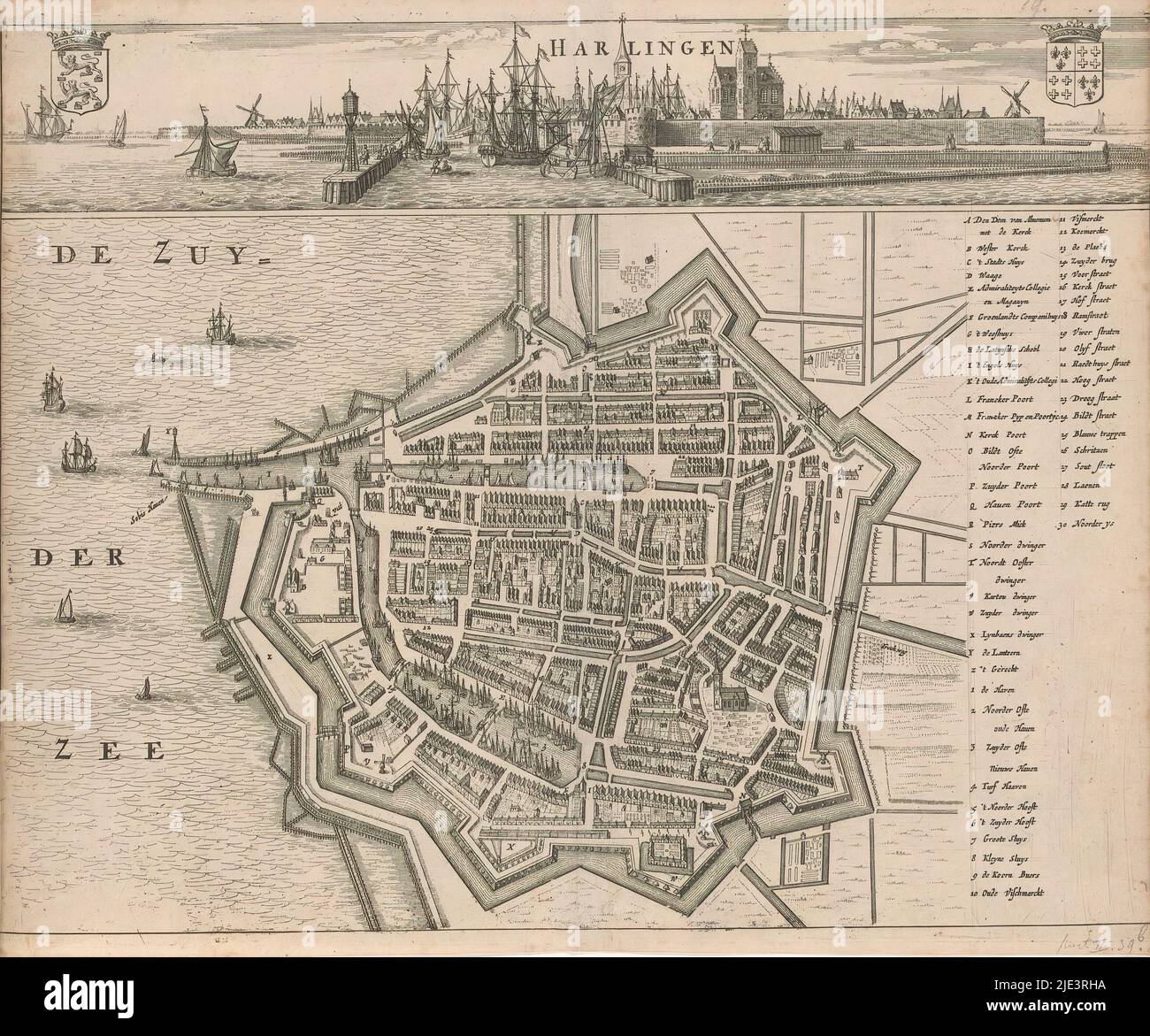 Karte von Harlingen mit Stadtansicht, Harlingen (Titel auf Objekt