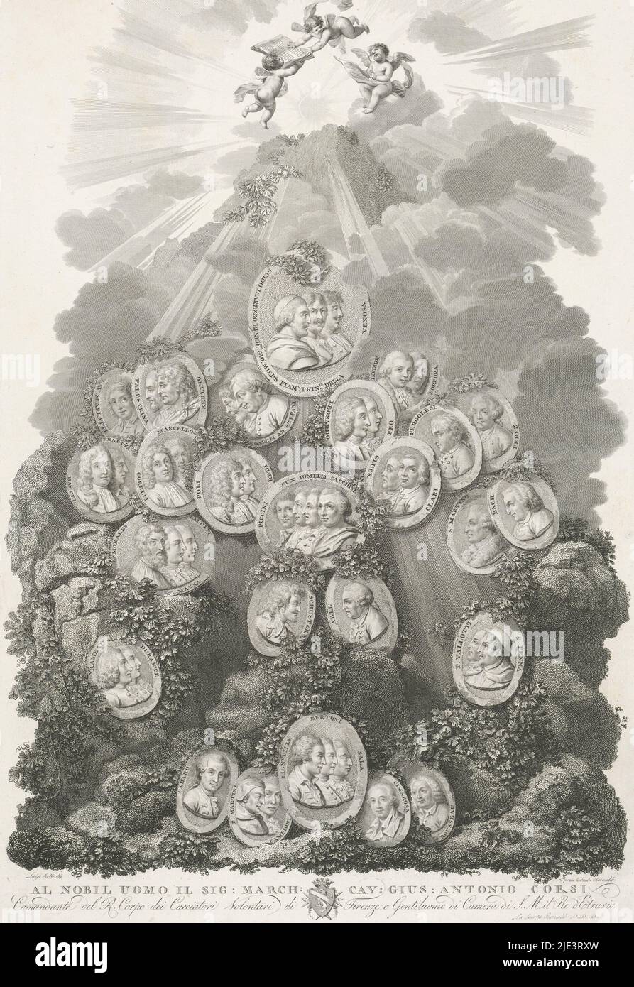 Komposition mit 25 Medaillons mit Portraits von Komponisten, darunter Johann Sebastian Bach, Georg Friedrich Händel und Domenico Cimarosa Auftrag im unteren Rand, Komponisten, Mittler Zeichner: Luigi Scotti, (auf Objekt erwähnt), Druckerei: Anonym, Drucker: Studio Rainaldi, (auf Objekt erwähnt), Italien, c. 1799, Papier, Radierung, Gravur, H 558 mm × B 368 mm Stockfoto