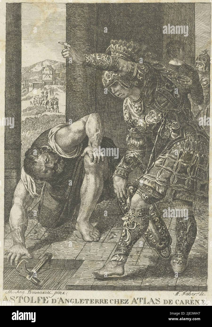 Frédéric Théodore Faber, ein Mann in Rüstung, zeigt nach Michelangelo, 1808, Einen Soldaten in Rüstung neben einen knieenden Mann. Zwischen ihnen liegt eine Axt. Unten ist ein vierzeiliger französischer Text dargestellt., Druckerei: Frédéric Théodore Faber, (auf Objekt erwähnt), nach: Michelangelo, (auf Objekt erwähnt), Druckerei: Brüssel, Danach: Italien, 1808, Papier, Radierung, H 170 mm × B 110 mm Stockfoto