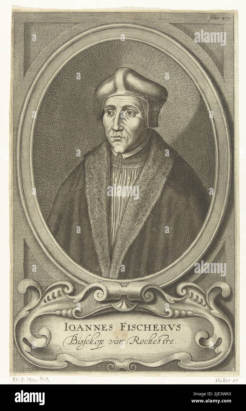 Porträt von John Fisher, Frederick Bouttats (I), 1600 - 1676, Porträt im ovalen Rahmen von John Fisher, Bischof von Rochester und katholischer Märtyrer. Unter dem Porträt eine Kartusche mit dem Namen der porträtierten Person., Druckerei: Frederik Bouttats (I), (auf Objekt erwähnt), Antwerpen, 1600 - 1676, Papier, Gravur, H 285 mm × B 175 mm Stockfoto