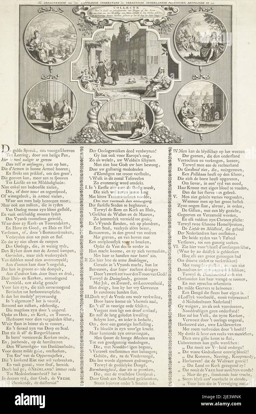 Collector's Tribute for repairing war damage in Bergen op Zoom and other Towns, 1749, anonymous, 1749, Collector's Tribute for help the abeed and repairing war damage litten in Bergen op Zoom and other Towns, 1749. Platte mit sechs Teilszenen des Krieges und der Sammlungen. Auf dem Blatt unter der Platte ein Vers in drei Spalten., Druckerei: Anonymous, Henrik van Elvervelt, (erwähnt auf Objekt), Verlag: Gerrit Bos, (Auf Objekt genannt), Druckerei: Nord-Niederlande, Verlag: Amsterdam, Verlag: Amsterdam, 1731 und/oder 1749, Papier, Radierung, Gravur, Buchdruck Stockfoto