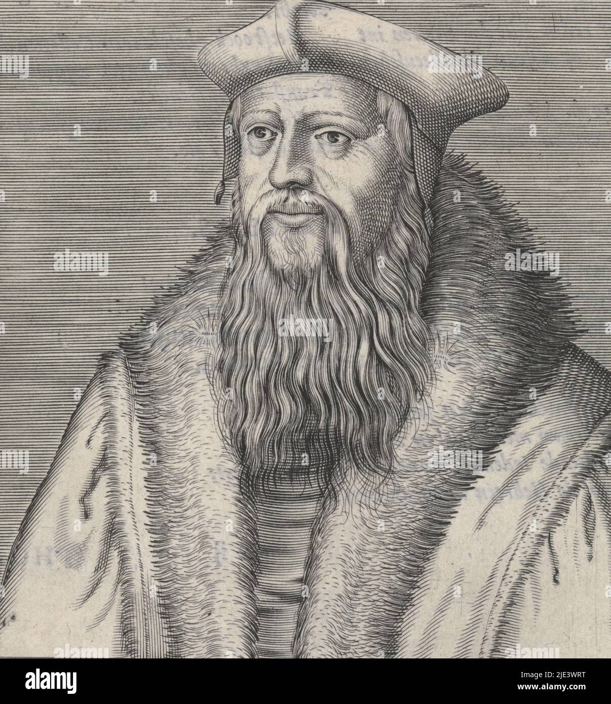 Porträt von Thomas Cranmer, Hendrick Hondius (I) (zugeschrieben Werkstatt von), 1599, Büste links von Thomas Cranmer. Unter dem Porträt sein Name und vier Zeilen in Latein. Druck aus (Teil 1 von) der Porträtserie berühmter Reformatoren., Druckerei: Hendrick Hondius (I), (zugeschrieben Werkstatt von), Staten-Generaal, (erwähnt auf Objekt), Den Haag, 1599, Papier, Gravur, Buchdruck, H 170 mm × B 123 mm Stockfoto