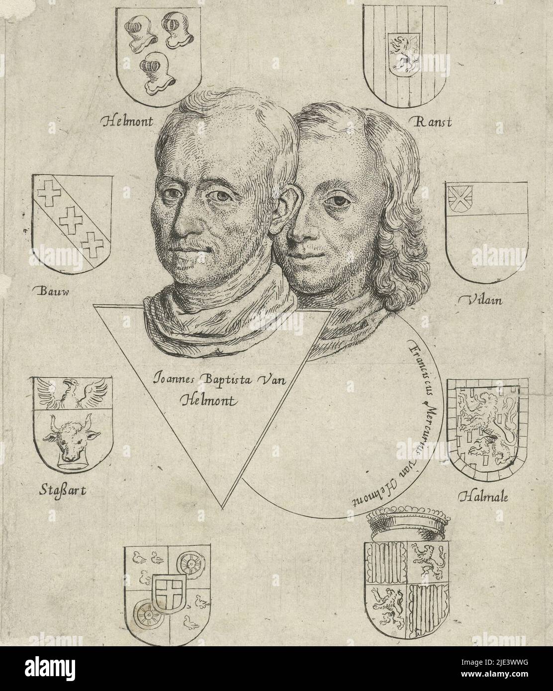 Porträts von Joannes Baptista van Helmont und Franciscus Mercurius van Helmont mit acht Wappen, Cornelis de man, 1648, den Leitern des Schriftstellers, Alchemisten und Arztes Joan Baptista van Helmont und seines Sohnes Franciscus Mercurius van Helmont, umgeben von acht Wappen. Die Köpfe jeweils auf einer geometrischen Form, links ein Dreieck und rechts ein Kreis, auf dem ihre Namen., Druckerei: Cornelis de man, unbekannt, 1648, Papier, Radierung, H 183 mm × B 140 mm Stockfoto