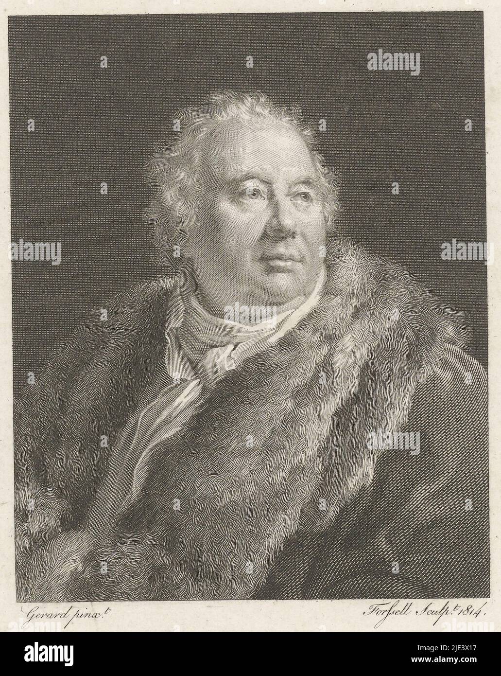 Porträt von Jean Francois Ducis, Christian Forssell, nach François Gérard, 1814, Porträtbüste links vom Dramatiker Jean Francois Ducis, bekleidet mit einem Pelzmantel. Sein Kopf ist aufgedeckt und nach rechts gedreht., Druckerei: Christian Forssell, (auf Objekt erwähnt), nach: François Gérard, (auf Objekt erwähnt), 1814, Papier, Gravur, H 211 mm - B 136 mm Stockfoto