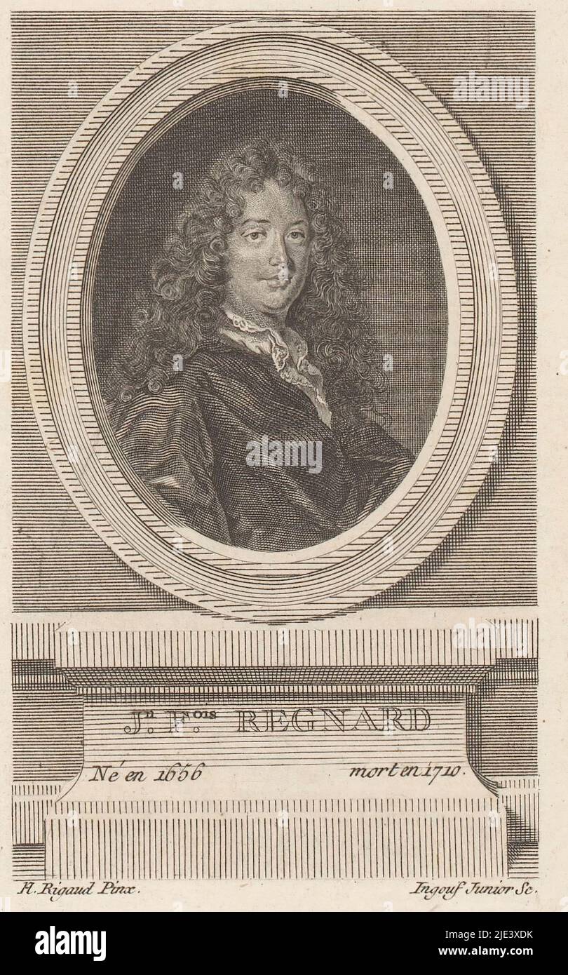 Porträt von Jean-François Regnard, François Robert Ingouf, nach Hyacinthe Rigaud, 1778 - 1787, Druckerei: François Robert Ingouf, (auf Objekt erwähnt), nach: Hyacinthe Rigaud, (auf Objekt erwähnt), Verleger: Nicolas-Augustin Delalain, Druckerei: Frankreich, Verlag: Paris, 1778 - 1787, Papier, Gravur, Ätzung, H 177 mm - B 117 mm Stockfoto