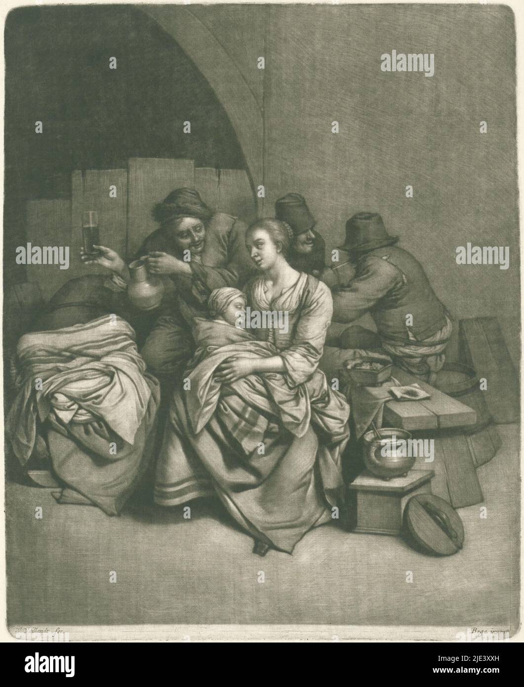 Frau mit einem schlafenden Kind in einem Gasthof, Wallerant Vaillant, nach Cornelis Pietersz. Bega, 1658 - 1677, in einem Gasthof sitzt eine Frau mit einem schlafenden Kind auf dem Schoß unter den Pfeifenrauchern und trinkenden Männern. Neben ihr ist ein Topf mit Lebensmitteln auf einem Herd., Druckerei: Wallerant Vaillant, (auf Objekt erwähnt), nach: Cornelis Pietersz. Bega, (auf Objekt erwähnt), 1658 - 1677, Papier, H 360 mm × B 287 mm Stockfoto