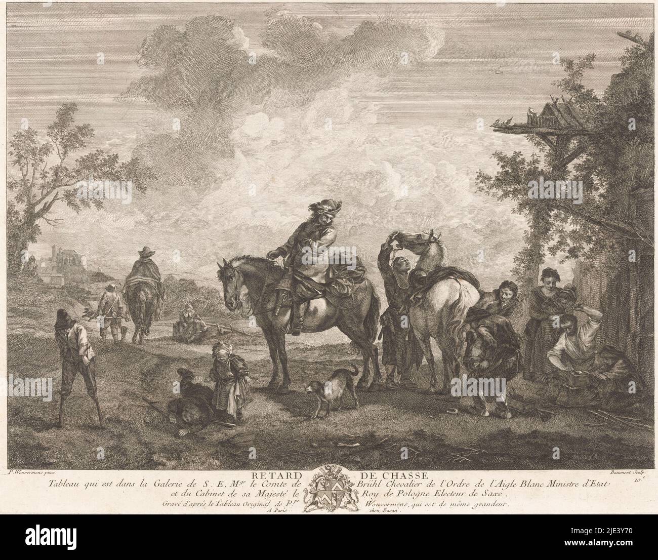 Jagdszene, Pierre François Beaumont, nach Pouwels Joostensz. Wouwerman, nach Philips Wouwerman, nach Pieter Wouwerman, 1733 - 1769, nummeriert 10.e. unten rechts, Druckerei: Pierre François Beaumont, (auf Objekt erwähnt), nach: Pouwels Joostensz. Wouwerman, (auf Objekt erwähnt), nach: Philips Wouwerman, (auf Objekt erwähnt), Druckerei: Frankreich, Verlag: Paris, 1733 - 1769, Papier, Radierung, H 346 mm × B 446 mm Stockfoto