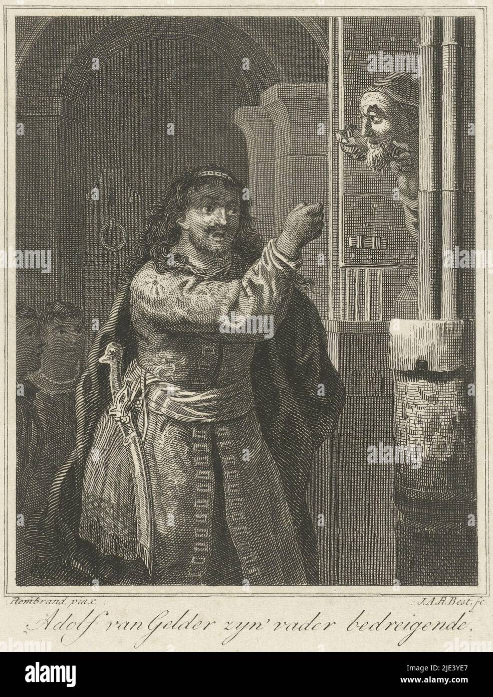 Adolf van Gelder drohte seinem Vater Johannes Alexander Rudolf Best, nach Rembrandt van Rijn, 1807 - 1855, Druckerei: Johannes Alexander Rudolf Best, (auf Objekt erwähnt), nach: Rembrandt van Rijn, (auf Objekt erwähnt), Amsterdam, 1807 - 1855, Papier, Ätzung, H 159 mm × B 131 mm Stockfoto