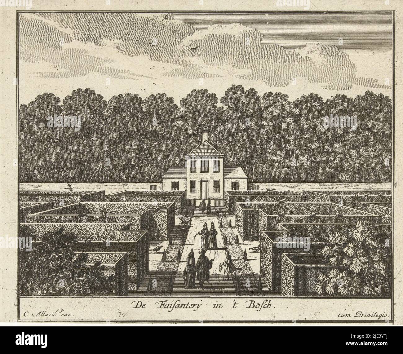 Gartenlabyrinth mit Fasanen im Honselaarsdijk Palace, Carel Allard (zugeschrieben), 1689 - 1702, Labyrinth der Hecken. Auf den Hecken und am Boden sind Fasan. Im Zentrum eine gerade Allee mit Spaziergängern zu einem Haus im Hintergrund. Druck aus einer Serie von siebzehn Drucken des Honselaarsdijk Palace., Druckerei: Carel Allard, (zugeschrieben), Verleger: Carel Allard, (erwähnt auf Objekt), Amsterdam, 1689 - 1702, Papier, Radierung, H 160 mm × B 190 mm Stockfoto