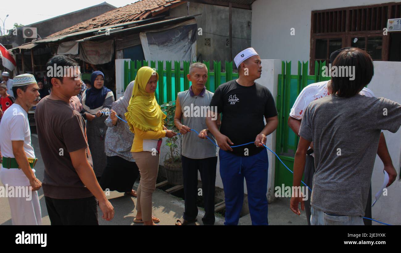 Jakarta, Indonesien - 08 11 2019: qurban-Tierspender halten Seile, um Opfertiere während der Eid al-Adha c. An das Opferkomitee zu übergeben Stockfoto